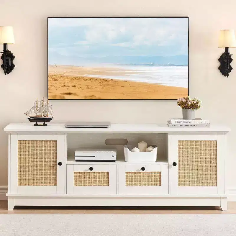 TV Stand for 65+ Inch TV, Rattan Entertainment Center TV Media Console Table