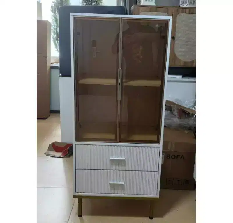 White Storage Cabinet with Glass Doors & Wave-Design Drawers for Living Roo