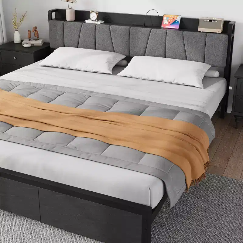 King Size Bed Frame with Storage Headboard, Industrial King Platform Bed with 2 Large Drawers, No Box Spring Needed, Noise Free, Black