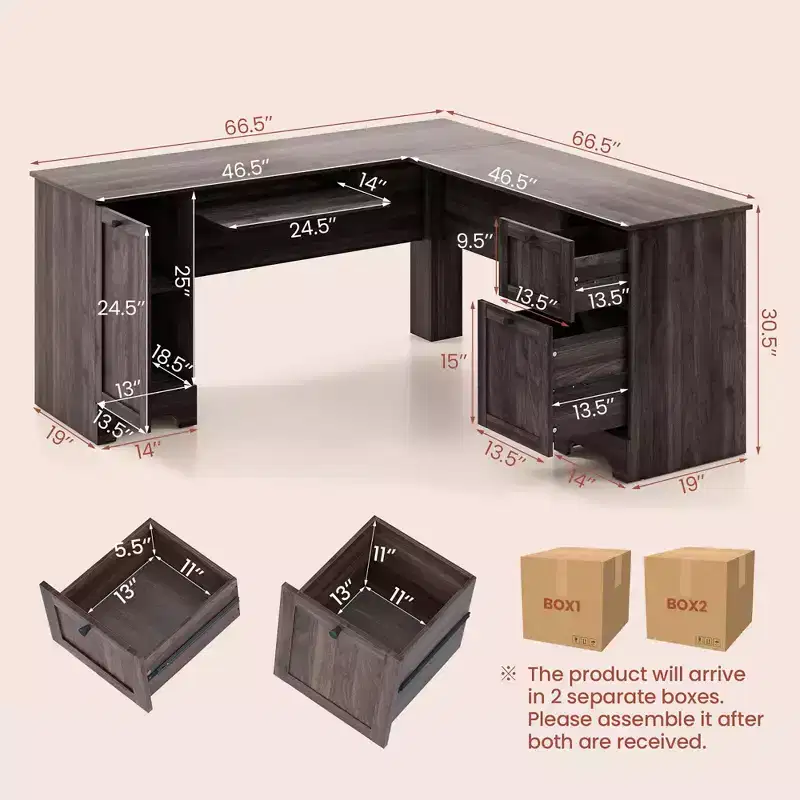 Costway 66.5'' L Shaped Home Office Desk Corner Computer Desk Keyboard Tray Dark