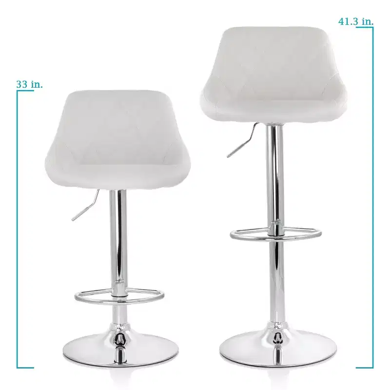 Elama 2 Piece Diamond Stitched Faux Leather Bar Stool in Black with Chrome Base and Adjustable Height