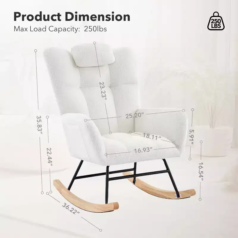 Nursery Teddy Rocking Chair, Soft Upholstered Glider Rocker for Adults, Space-Saving Nursing Chair for Living Room, Bedroom, and Classroom Use