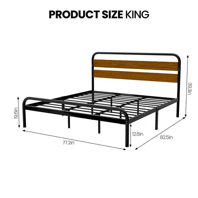 King Size Bed Frame, Heavy Duty Platform Frame with Wooden Headboard and Under-Bed Storage, Noise Free Design Mattress Foundation, Easy Assembly