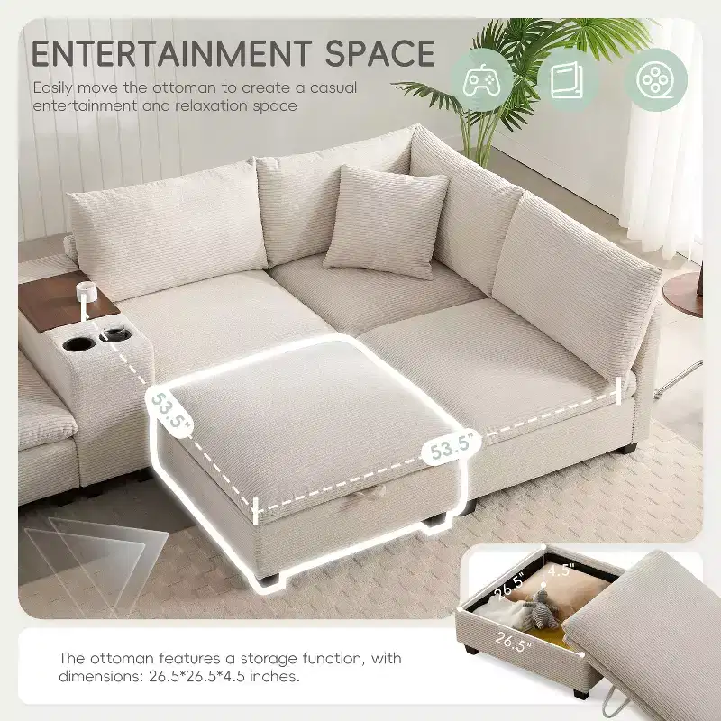Modern Chenille 4-seat Sectional Sofa with Ottoman, L-Shaped Cloud Couch Set with Throw Pillows