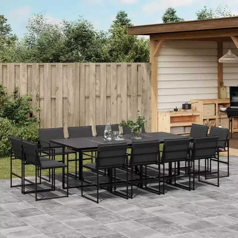 vidaXL Patio Dining Set with Cushions 13-Piece Black Textilene - Space-Saving Foldable Chair Design, UV Resistant, Tempered Glass Table