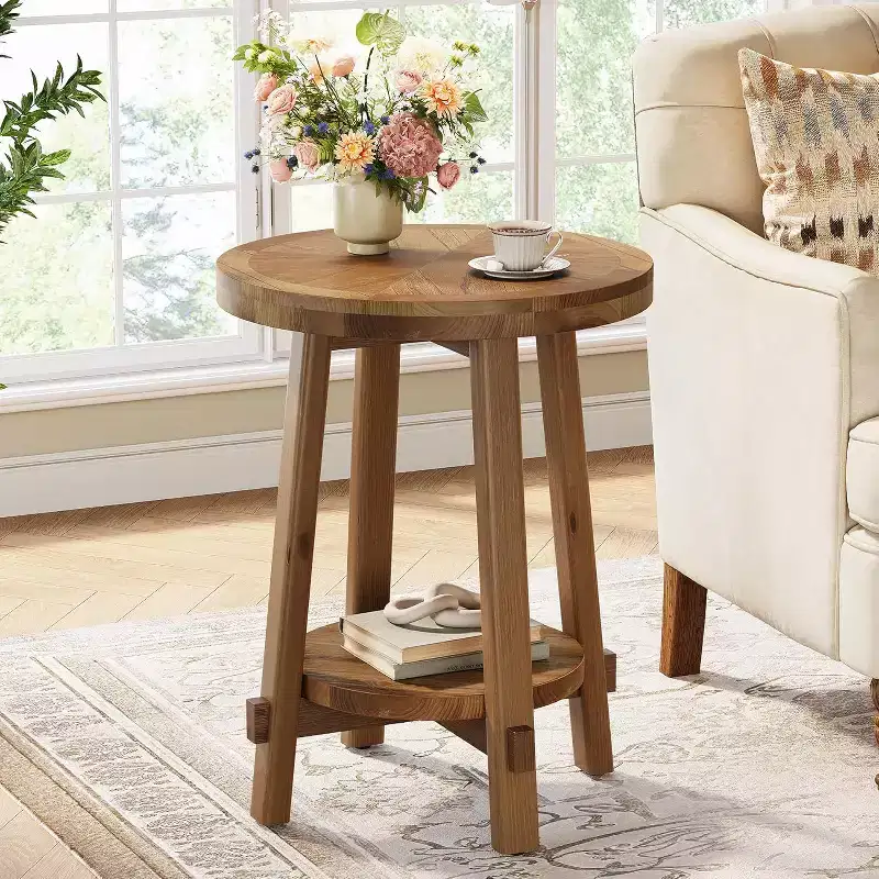 Solid Wood Side Table for Living Room, FarmhouseSmall Round End Table with 2-Tier Storage for Small Spaces, Bedroom, Brown
