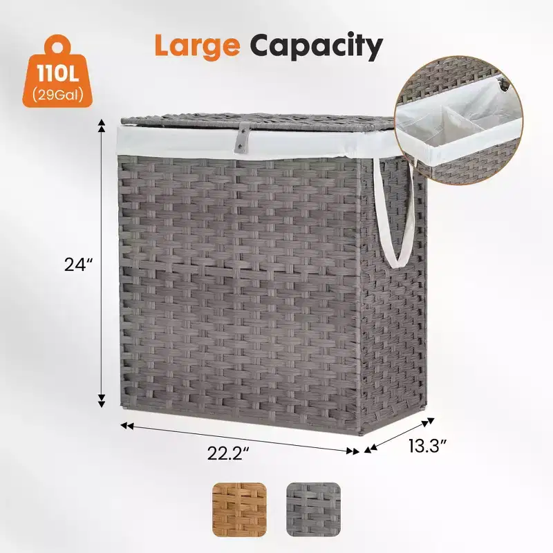 JIONJOY 29 gal. Wicker Hamper w/Lid, Foldable Design, Removable Compartment & Washable Liner