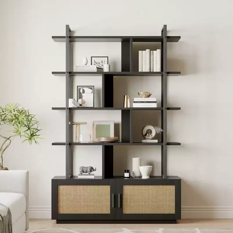 5-Tier Rattan Bookshelf with Storage Cabinet, 71.1 Tall Industrial Style Bookcase with Open Display Shelves and Metal Frame for Livingroom
