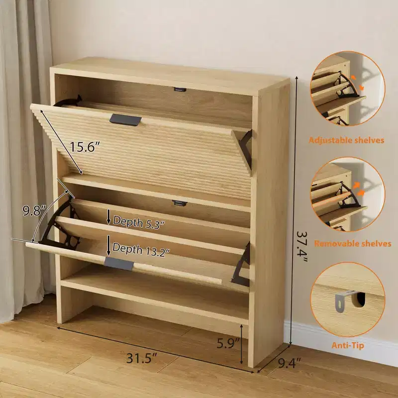Fluted Shoe Storage Cabinet for Entryway with 2 Flip Drawers, 32 Wide Hidden Freestanding Shoe Rack Organizer for Hallway, Apartment