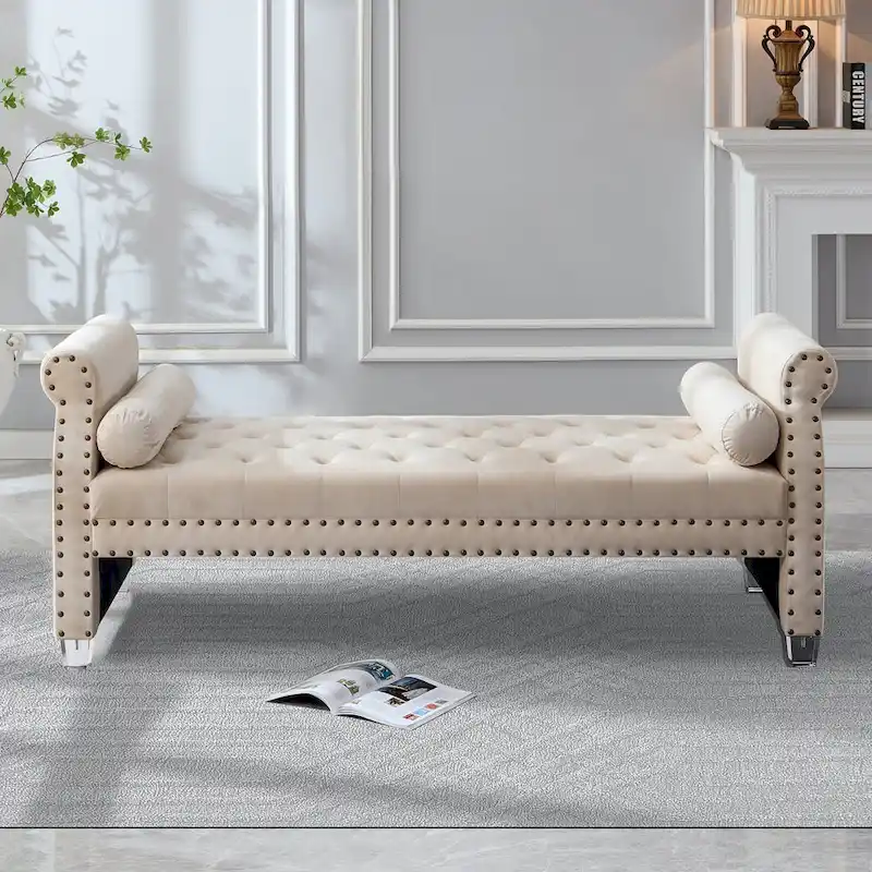 Luxury Tufted Velvet Extra Long Bed Bench with Nailhead Trim & Bolster Pillows