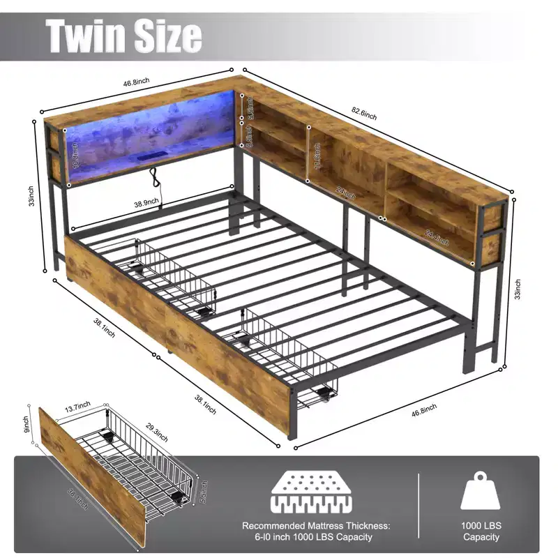Corner Bed Frame with Storage Bookcase, Twin Daybed with Storage Drawers Underneath, Kids Bed Unit with Charging Station