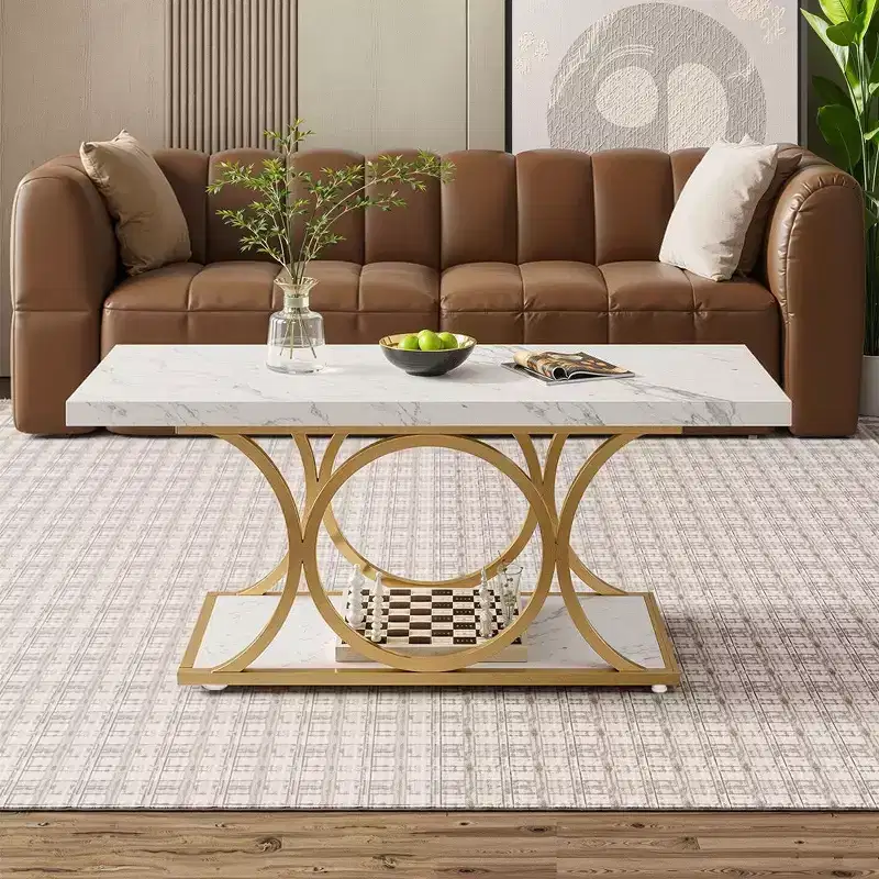 2-Tier Modern Coffee Table – White Faux Marble Top & Gold Metal Legs, 47