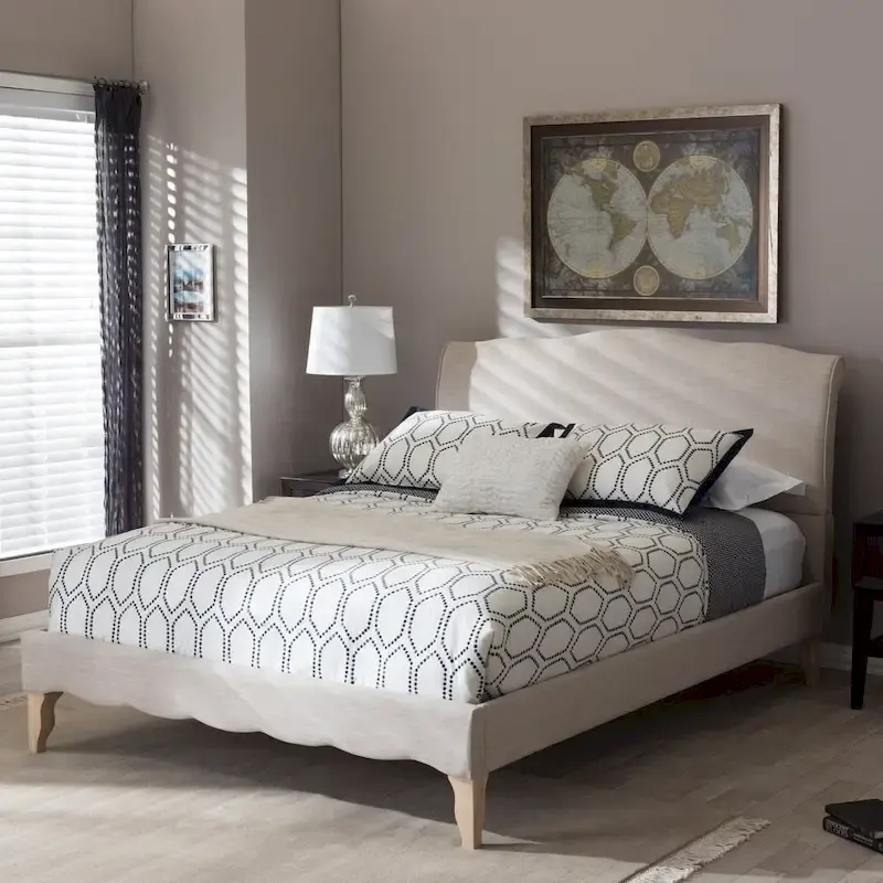 French Classic Modern Style Beige Mix Linen Fabric Platform Bed