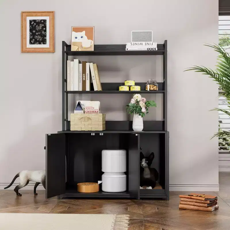 Large Cat Litter Box Enclosure with Storage, 52in Cat House Furniture with Scratching Mat and 2 Shelves