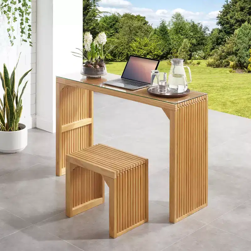 GDFStudio Hux Farmhouse Natural Pine Dining Bench and Table Set with Tempered Glass Top