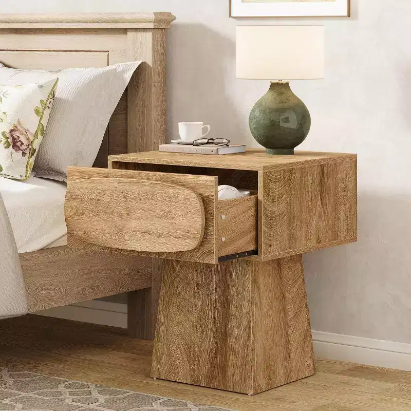 Mid-Century Modern Nightstand with Drawer, Natural Wood Grain, 21.6
