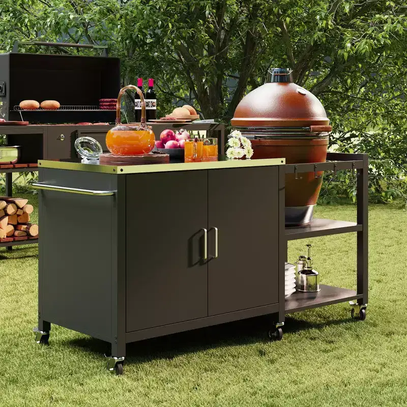 Famapy Outdoor Dining Tables BBQ Grill Table with Storage Cabinet, Black Steel Frame Bar Cart Kitchen Table