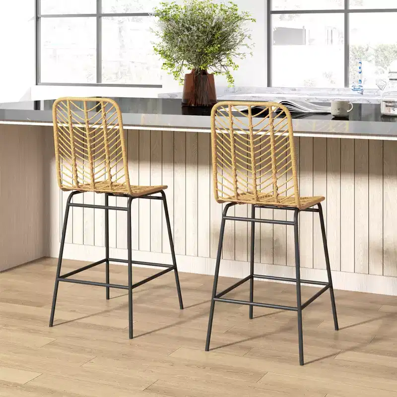 Rattan Counter Height Barstools Set of 2 Steel Frame Footrest 26