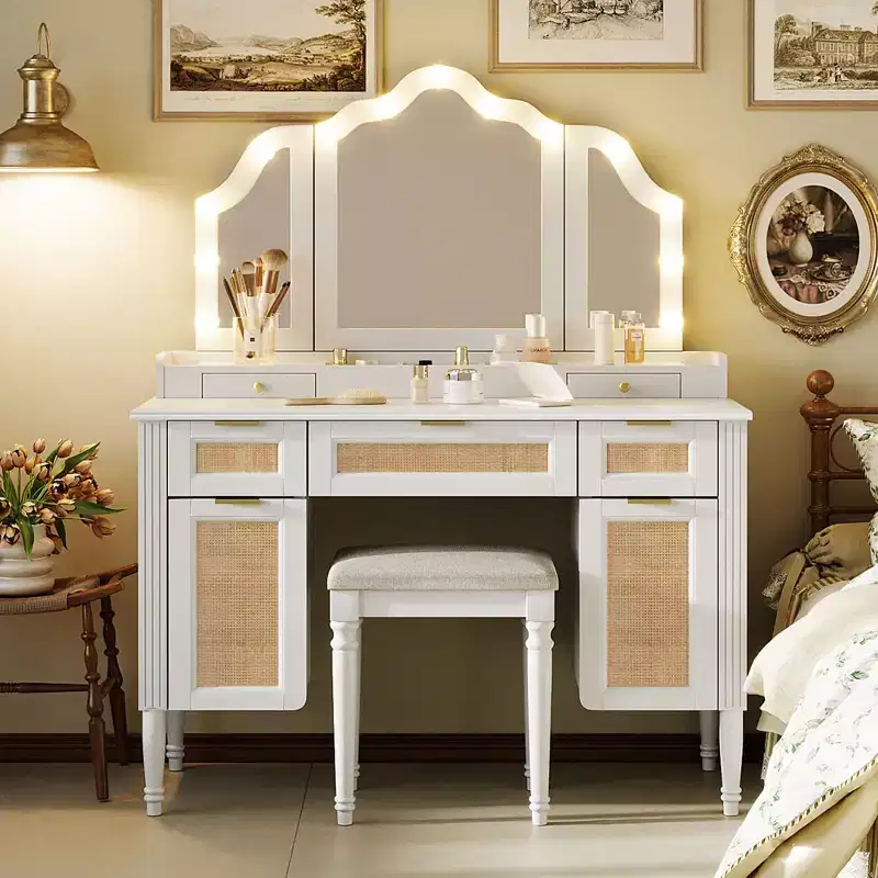 44.37-Inch Modern Vanity Desk with Tri-Fold Mirror and Lights, 5 Drawers and 2 Cabinets, Charging Station with Type-C and Open Shelves for Bedroom