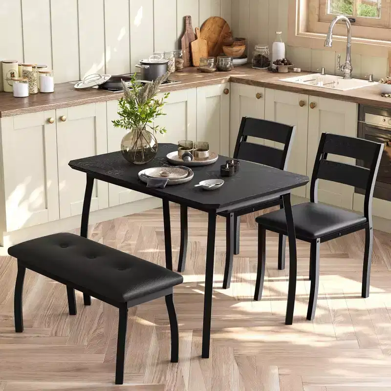 4-Piece Dining Table Set with Upholstered Bench & 2 Chairs, Space-Saving Kitchen Table for Apartment or Small Dining Room