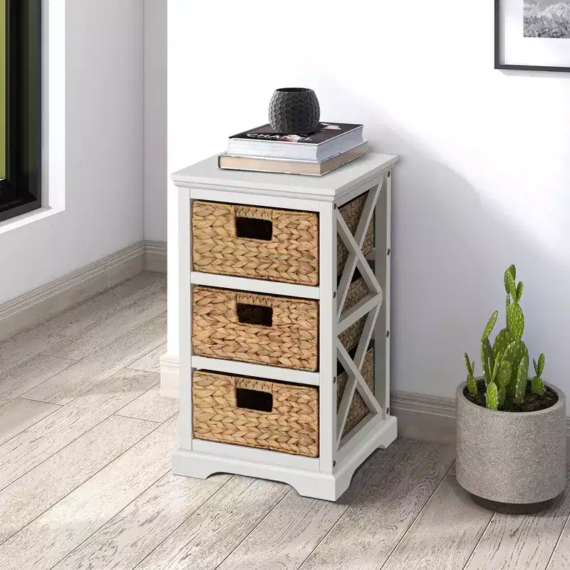 eHemco Hampton Meadows 3 Tier X-Side End Storage Cabinet with 3 Wicker Baskets
