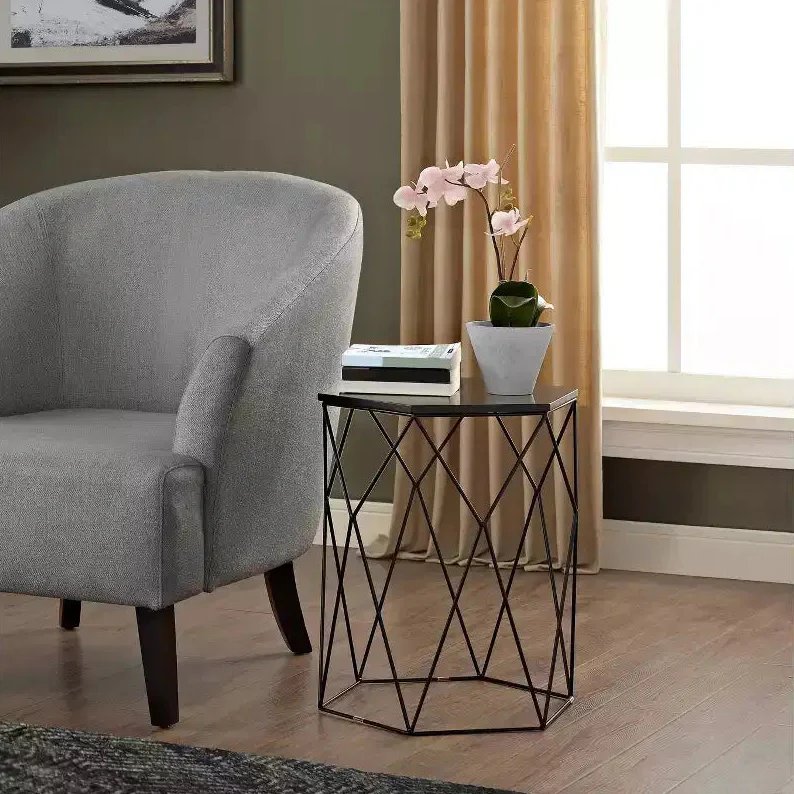 Geometric Side Table Midnight Black: Hexagonal, Iron Frame, No Assembly Required