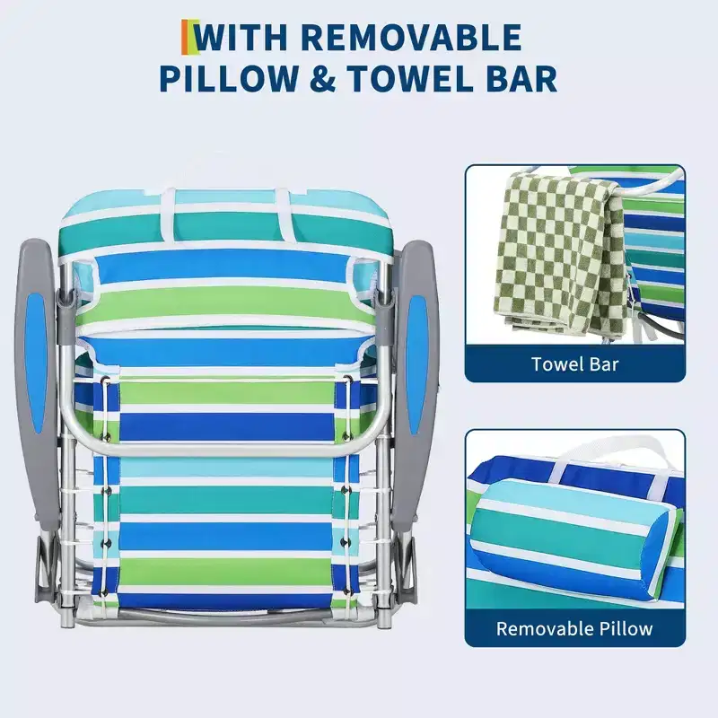 Folding Lightweight Backpack Beach Chair, Lay-Flat 5-Position Recline, 300LBS Load with Cup Holder, Phone Pocket & Towel Bar