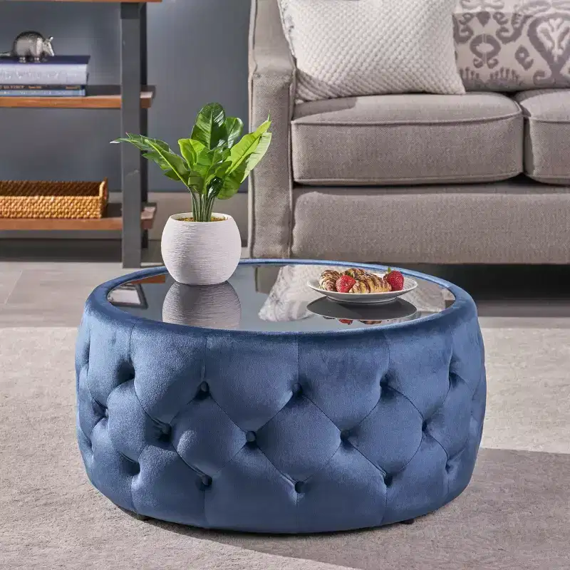 Round Glam Coffee Table Ottoman - Blue Velvet with Tempered Glass Top