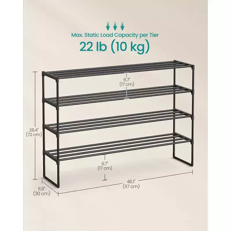 4-Tier Metal Shoe Rack for 25-30 Pairs, Stackable & Reversible, Black Entryway Organizer