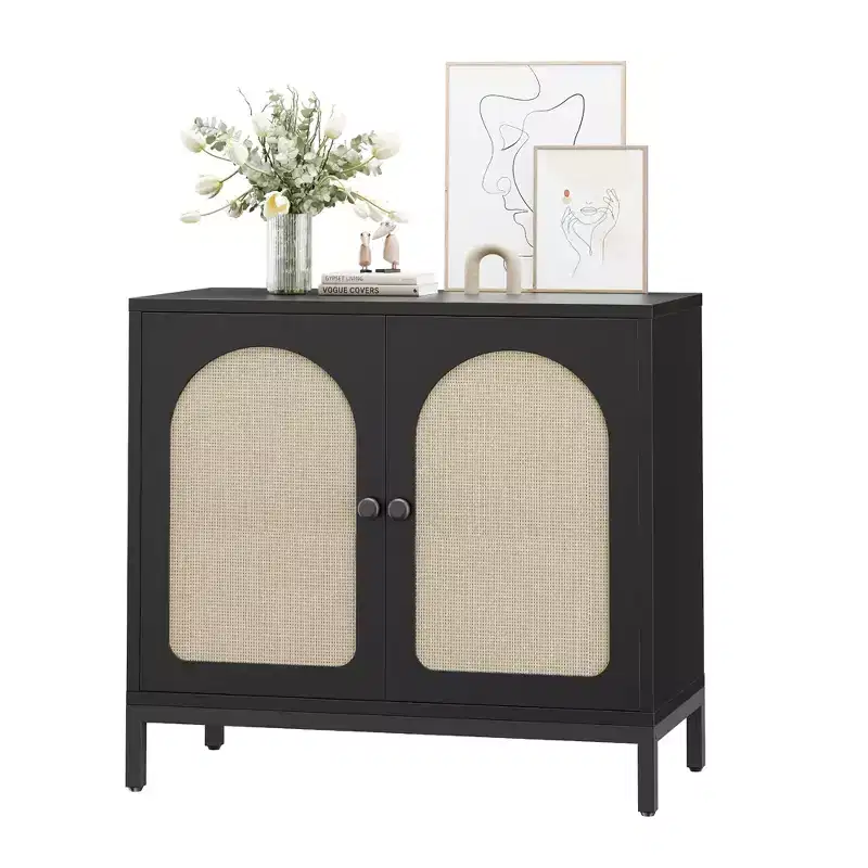Rattan Sideboard Buffet Cabinet, Kitchen Storage Cabinet with Rattan Doors and Adjustable Shelves, Boho Accent Liquor Coffee Buffet for Living Dining