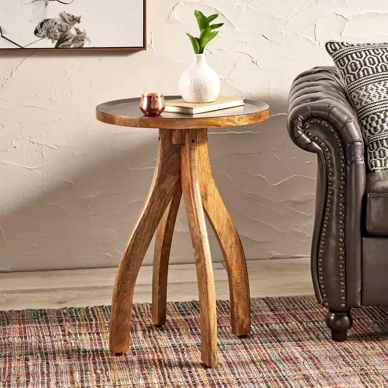 Elegant Boho Mango Wood Side Table, Curvaceous Earthy Tone Lipped Top End Table for Living Room