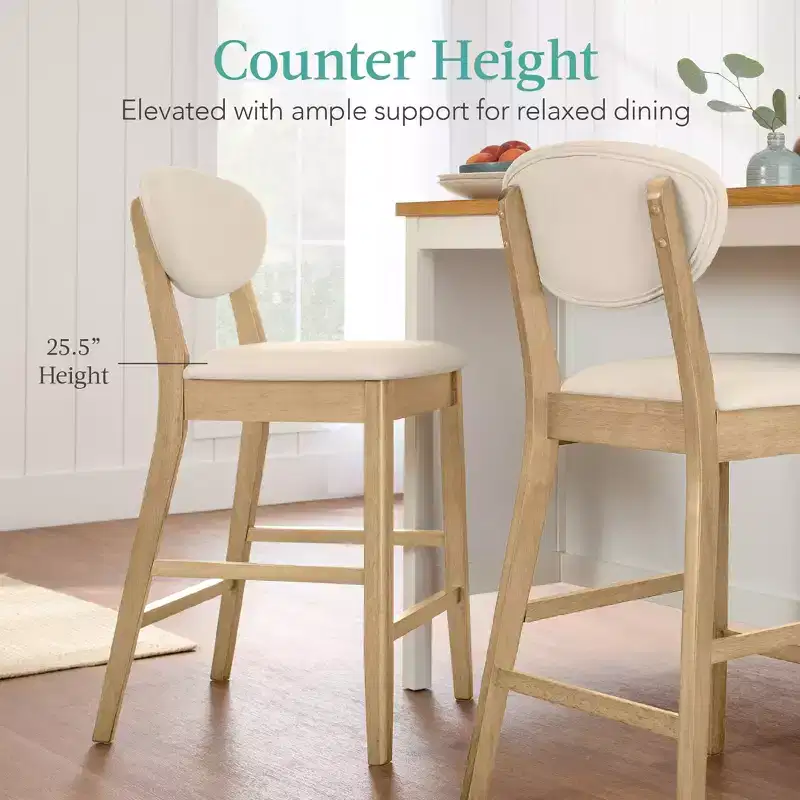 2-Piece Mid-Century Modern Wood and Upholstered Counter Height Bar Stool Set