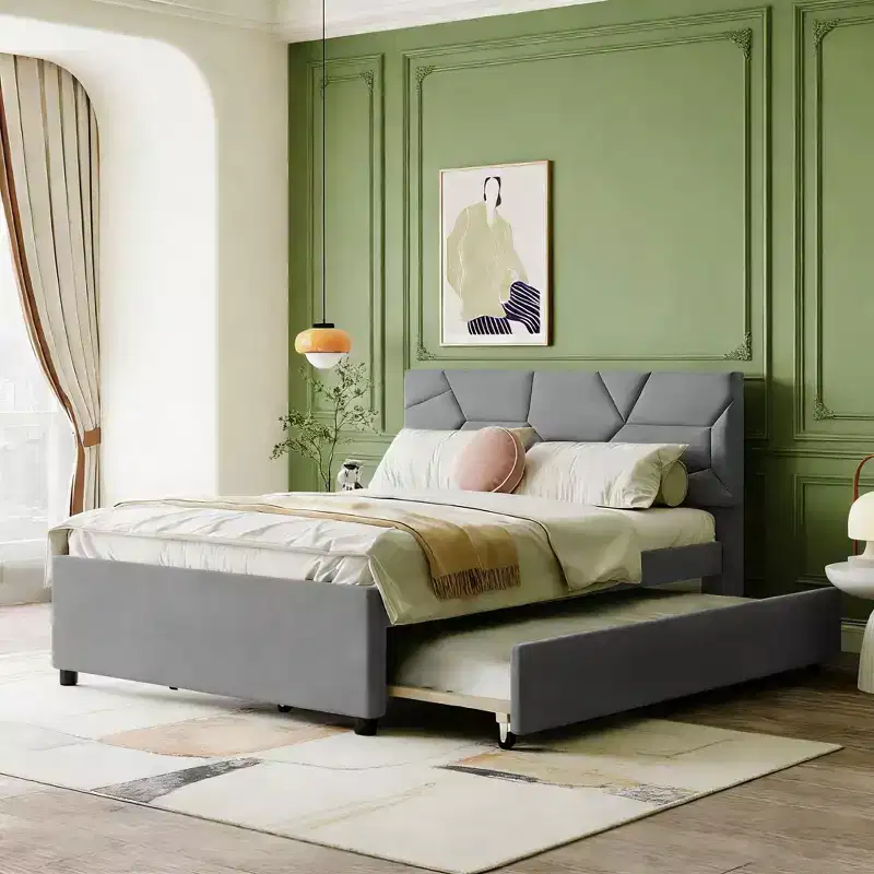 Luxystar Modern Linen Upholstered Platform Bed with Brick Pattern Headboard and Trundle