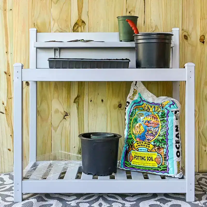 Outdoor Indoor Maintenance Free Vinyl Garden Potting Bench, Waterproof Potting Table with Open Shelf, Lower Storage, Gray