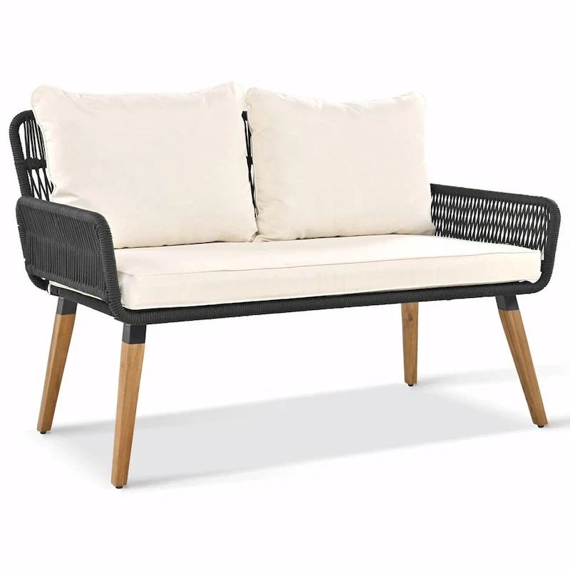 6-Piece Rope Patio Furniture Set with Acacia Wood Cool Bar Table