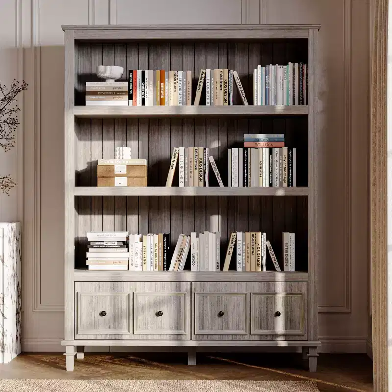 Light Gray Vintage Display Cabinet with Decorative Legs,Retro Bookcase with 3 Open Shelves+4 Drawers,Home Office Storage Hub