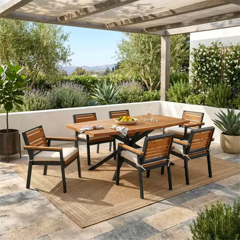 Whisen 7-Piece Outdoor Dining Set for 6, Patio Table And Chairs Set, Garden Dining Seating Set, 1 Rectangle Dining Table & 6 Chairs with Cushions