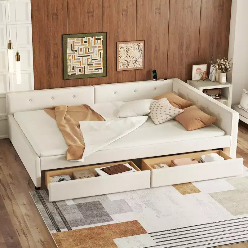 Whisen Elegant Design Queen Size Upholstered Platform Bed with USB Ports