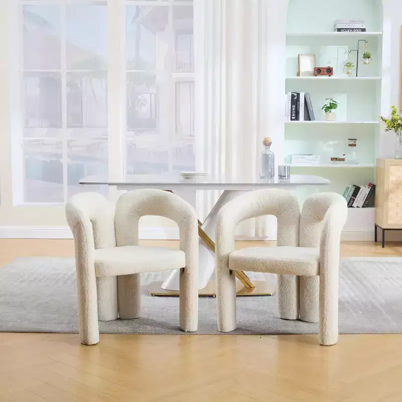 Modern Soft Chenille Accent Chair - Open Back 3-Leg Barrel - Comfy Dining Set of 2 (Beige)