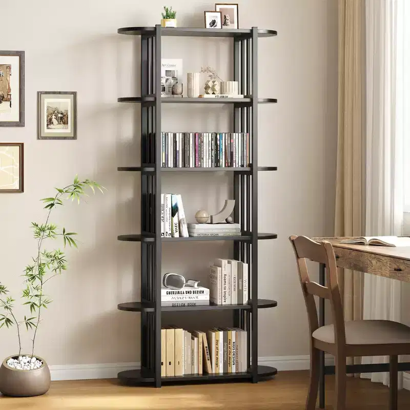 6 Tier Book Shelf, Modern Tall Bookshelf, Industrial Bookcase Corner Storage Organizer, Free Standing Storage Shelving Unit