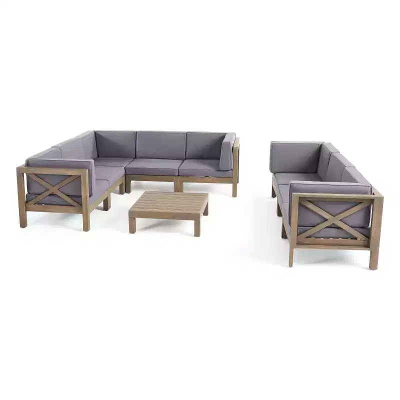 Christopher Knight Home Keith Outdoor Acacia Wood 8 Seater Sectional Sofa Chat Set with Cushions
