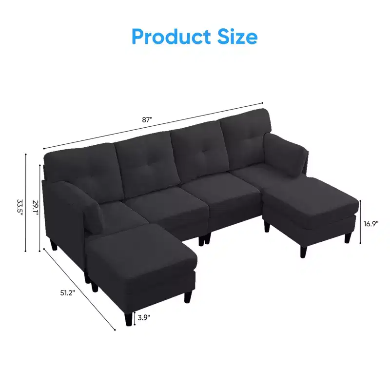 Mjkone Modular Convertible Sectional Sofa Couch, Upholstered Comfy Fabric 4-Seater Sofa with Movable Ottomans