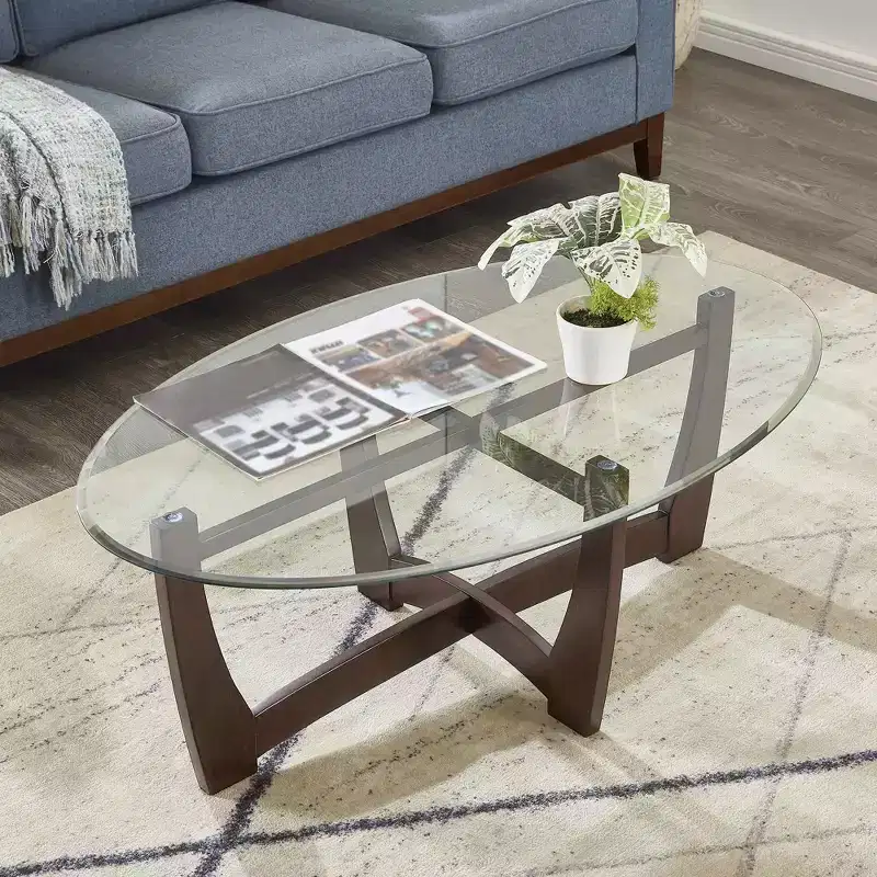MAYEERTY 48 inch Oval Glass Coffee Table Cherry Round Coffee Table with Glass Top Small Coffee Table for Living Room Office