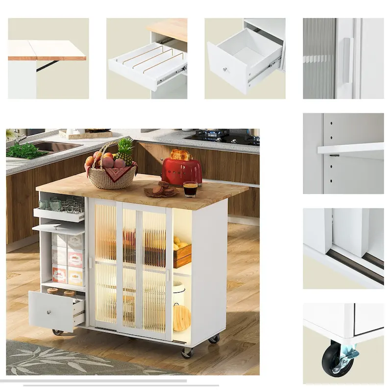 Kitchen Island with Drop Leaf, LED Light