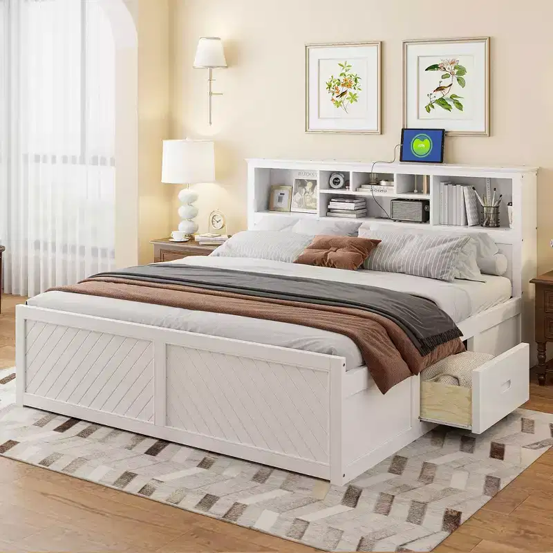Clihome King Size Wood Platform Bed with Multi-storage Headboard, USB and Drawers