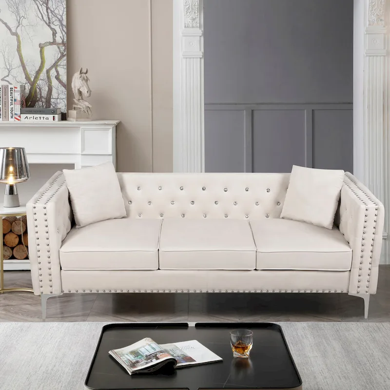 82.3 Width Modern Velvet Sofa Jeweled Buttons Tufted Square Arm Couch ,2 Pillows Included,Beige,4 colors
