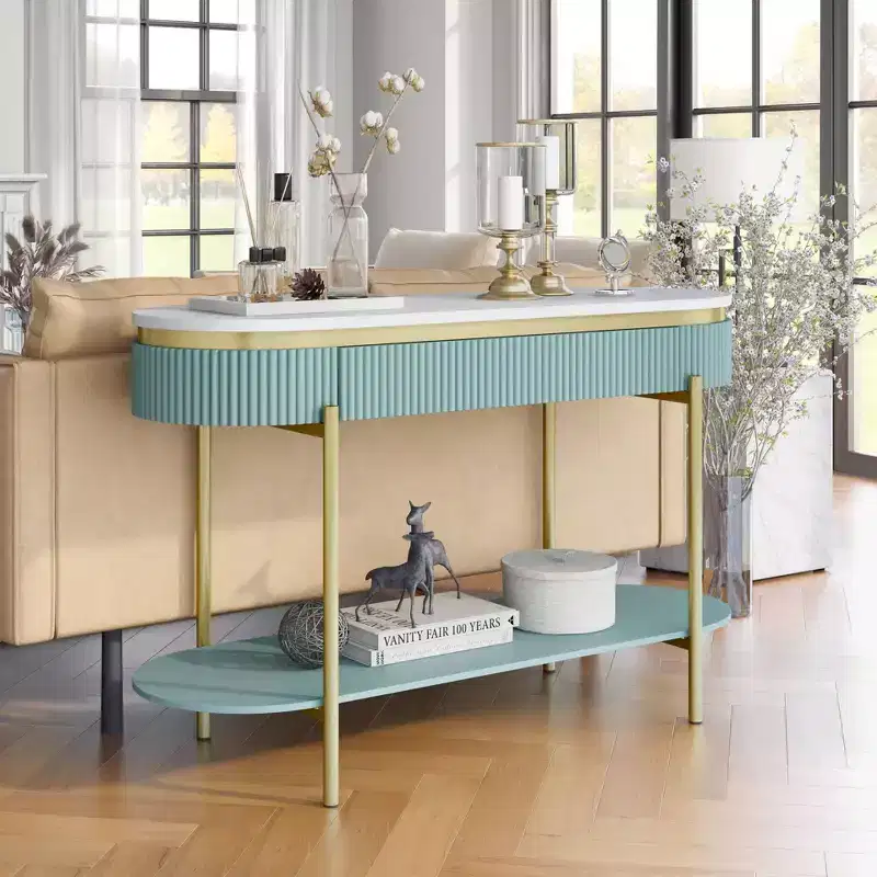 Cartehena Faux Marble Sofa Table with Drawer - HOMES: Inside + Out