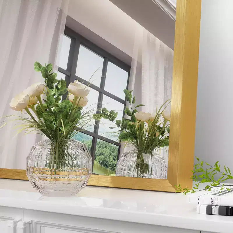 Golden Wall Mirror with Thin Edge, Aluminum Alloy, Right Angle Arch-shaped Design