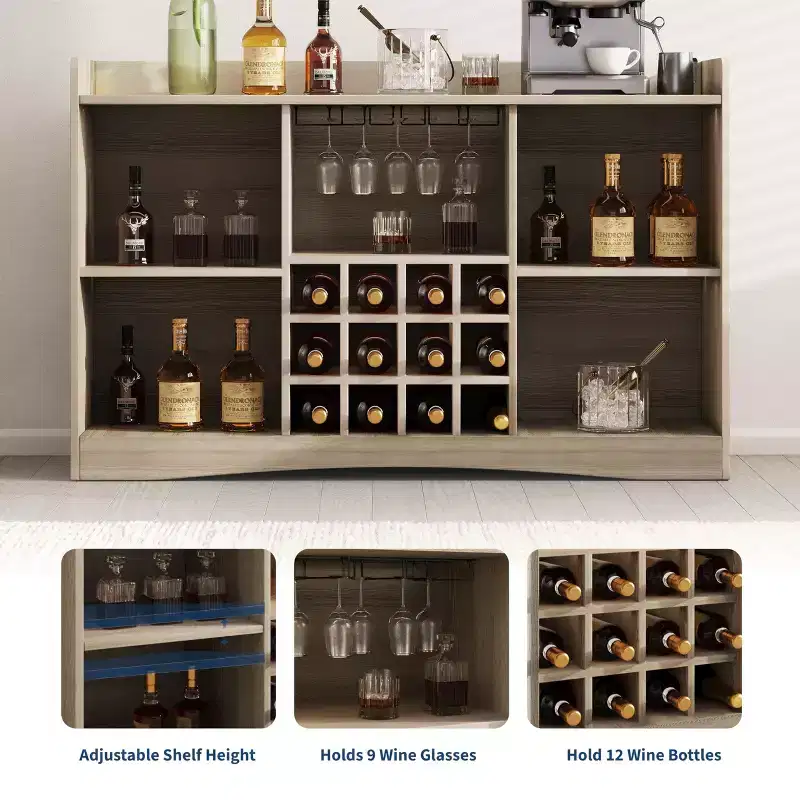 47'' Fluted Wine Bar Cabinet with 9 Glass Holder and 12 Wine Racks - Liquor & Coffee Bar Cabinet with Storage for Home - Large Sideboard with 2 Doors