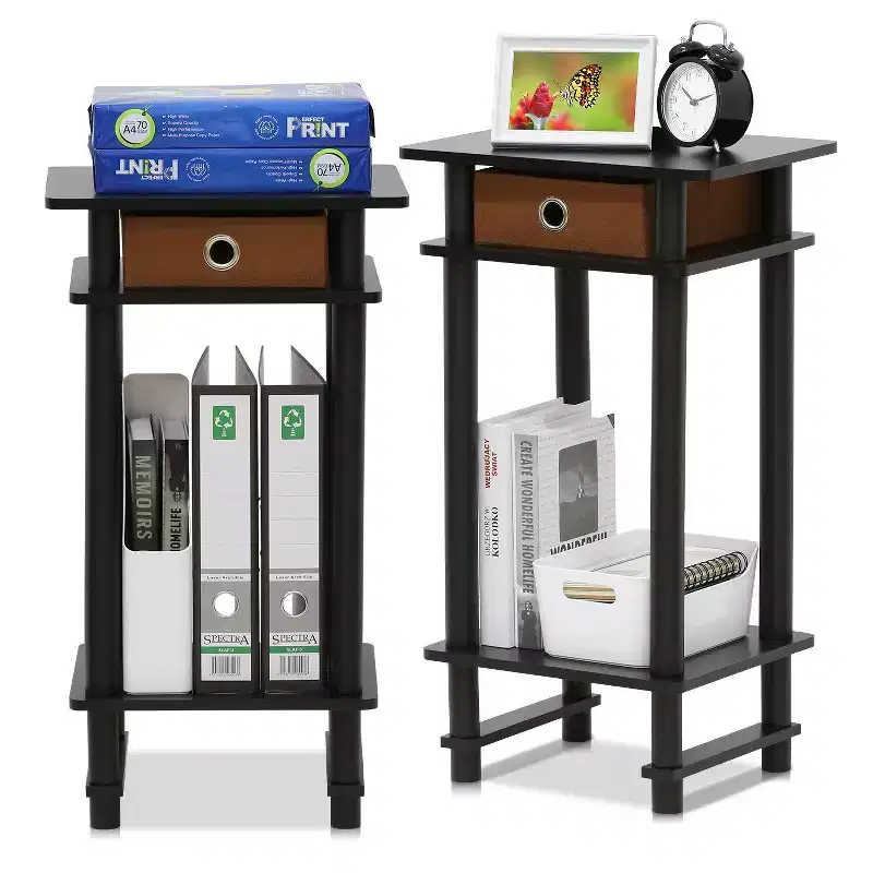 2PCS 3-Tier Industrial Tall Nightstand End Table Sofa Side Telephone Table w/removable drawer&Open Storage Shelf,Espresso/Brown